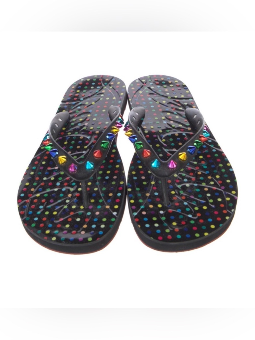 Christian Louboutin Studded Black with Multicolored Spike Flip Flops - Picture 3 of 5
